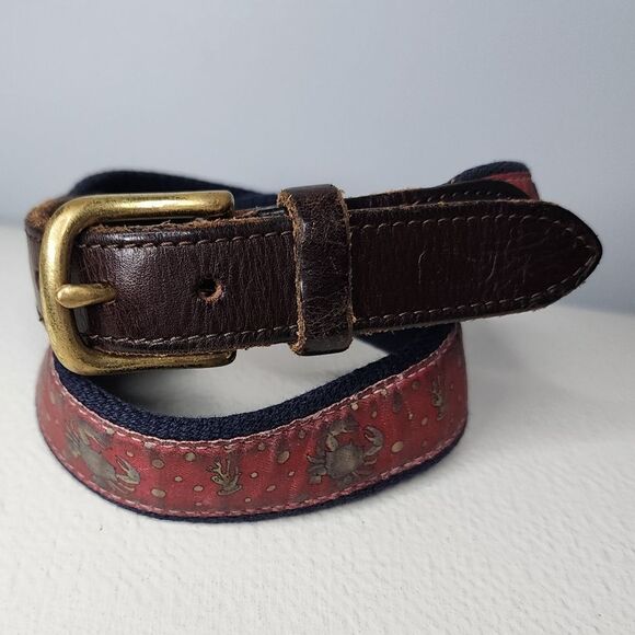 Vineyard Vines Belt Sz 26 Coral Crab Ribbon Leather 1.25" Pink Blue Made in USA - Picture 1 of 5